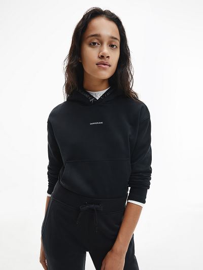 Calvin Klein Ruhák HU902540 | Calvin Klein Organic Cotton Logo Trim Női Kapucnis Pulóver Fekete